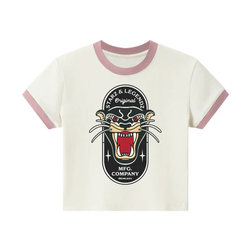 (Curry&Pink)Streetwear Summer Women's Vintage Color-Block Fitted Cropped Tee