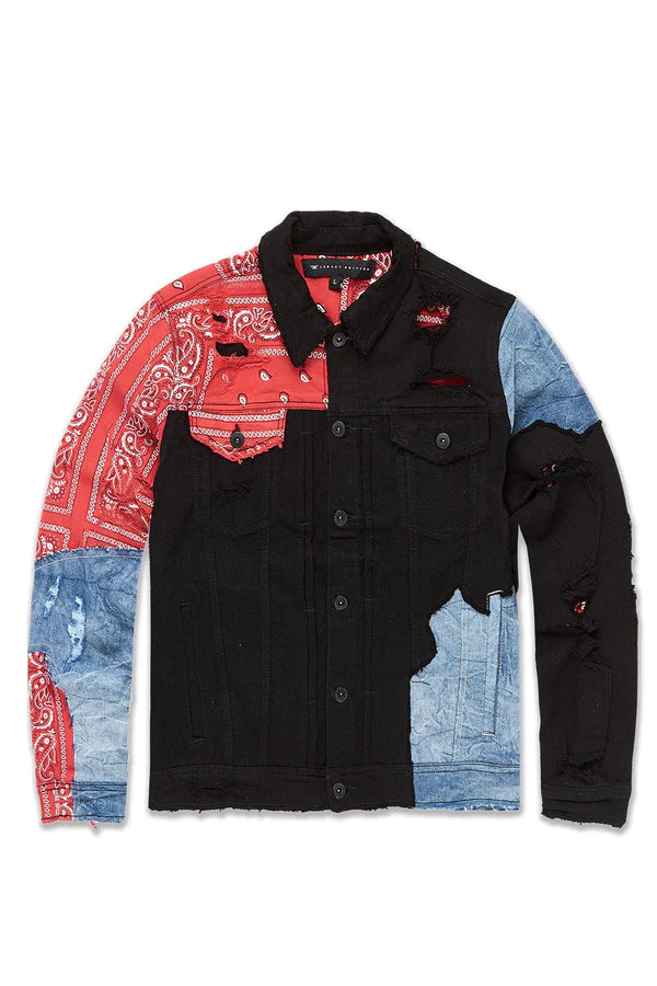 BIG MEN'S PAISLEY DENIM TRUCKER JACKET (CRIMSON)