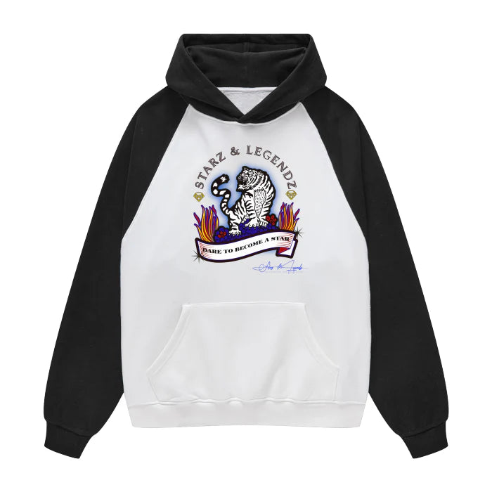 (Black&White)Streetwear Unisex Two Tone Raglan Sleeve Fleece Hoodie