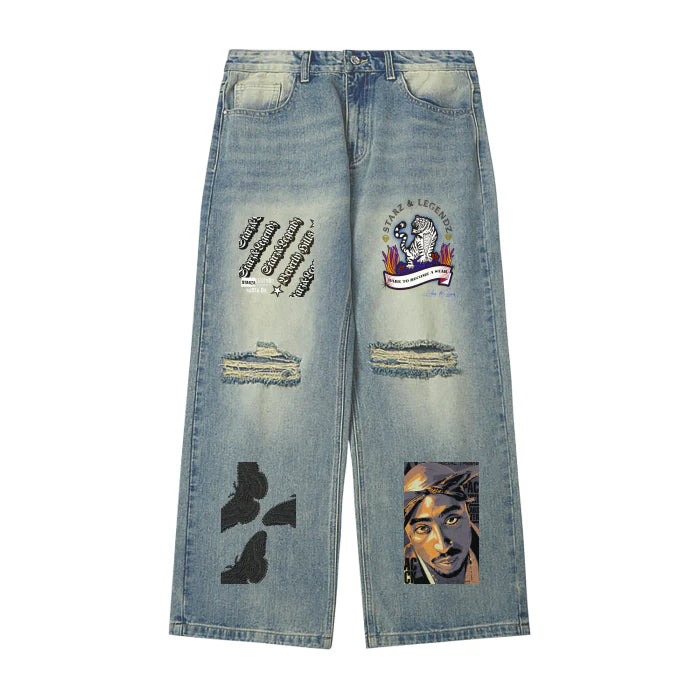 Streetwear Unisex Dirty Fit Distressed Washed Wide leg Denim Jeans